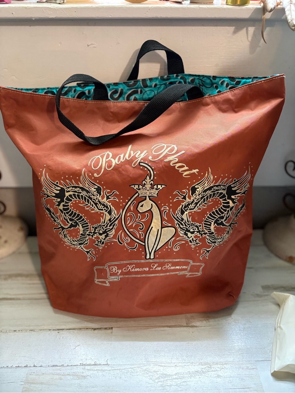 Baby Phat Rust Red Tote with Dragon Motif and Black Handles Y2K